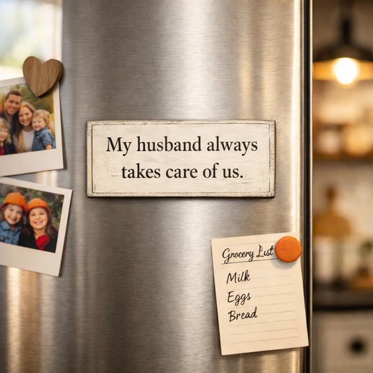 "MY HUSBAND ALWAYS TAKES CARE OF US" MAGNET