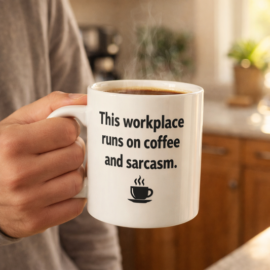 "THIS WORKPLACE RUNS ON COFFEE AND SARCASM" MUG